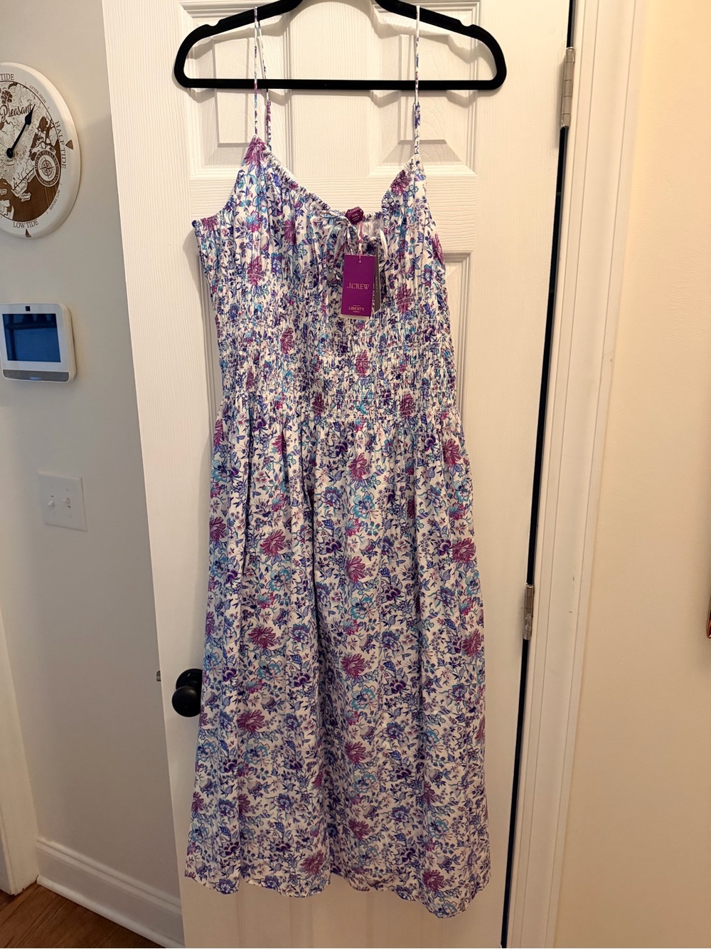 J. Crew White Floral Smocked Sundress with Purple and Blue Accents